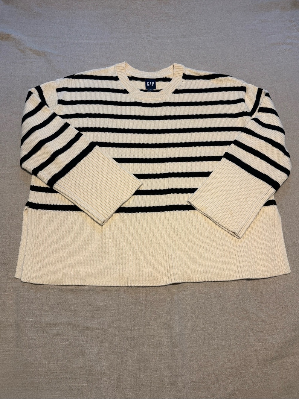 GAP Cream and Black Striped Crewneck Sweater